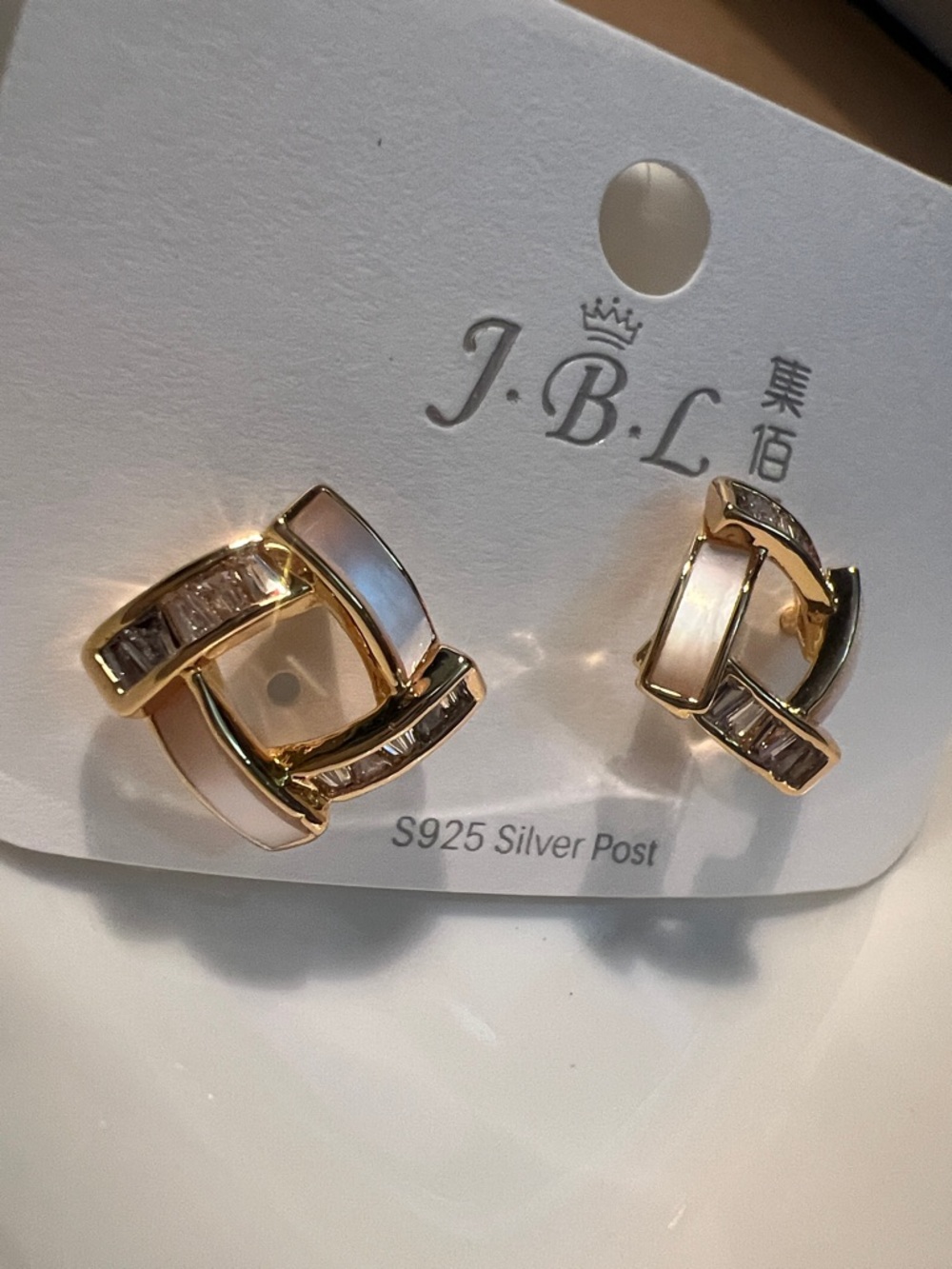 Gold Geometric Stud Earrings with Mother of Pearl & CZ | S925 Post - Picture 3 of 4